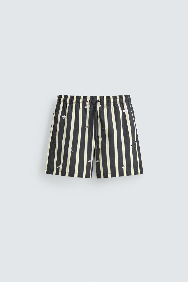 ZARA EMBROIDERED MID-LENGTH SWIMMING TRUNKS