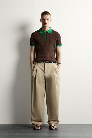 Zara COLOR BLOCK ZIP KNIT POLO SHIRT - Brown