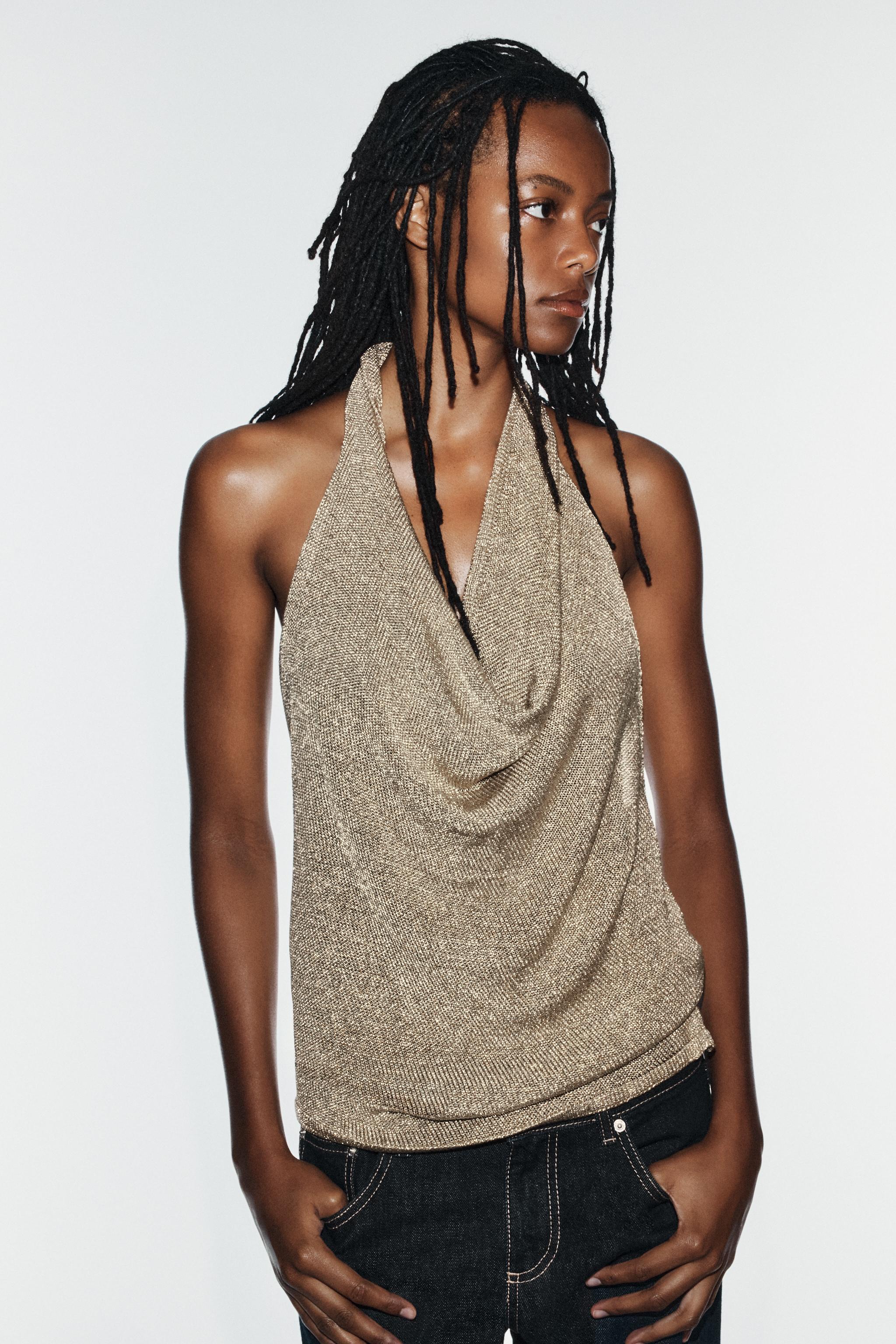 METALLIC KNIT HALTER TOP — Golden