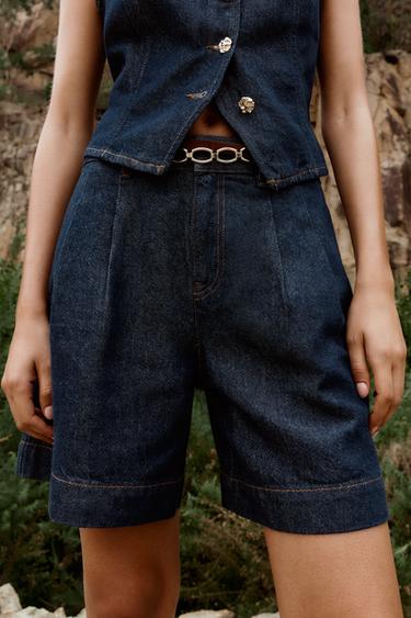 SHORT Z1975 EN JEAN À PINCES ET CEINTURE - Bleu de Zara
