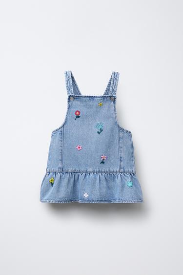 EMBROIDERED FLORAL DENIM PINAFORE DRESS - Blue by Zara