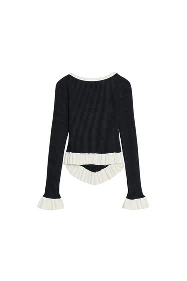 RIPPENSTRICKPULLOVER MIT VOLANT - Cremefarben / Schwarz von Zara