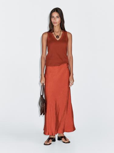 Zara Long flared satin skirt - Burnt orange