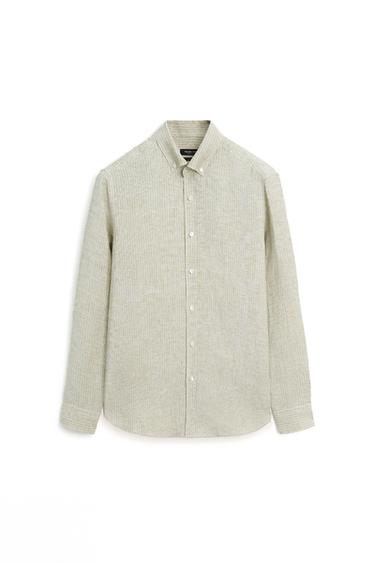 Zara 100% linen regular fit striped shirt - Green
