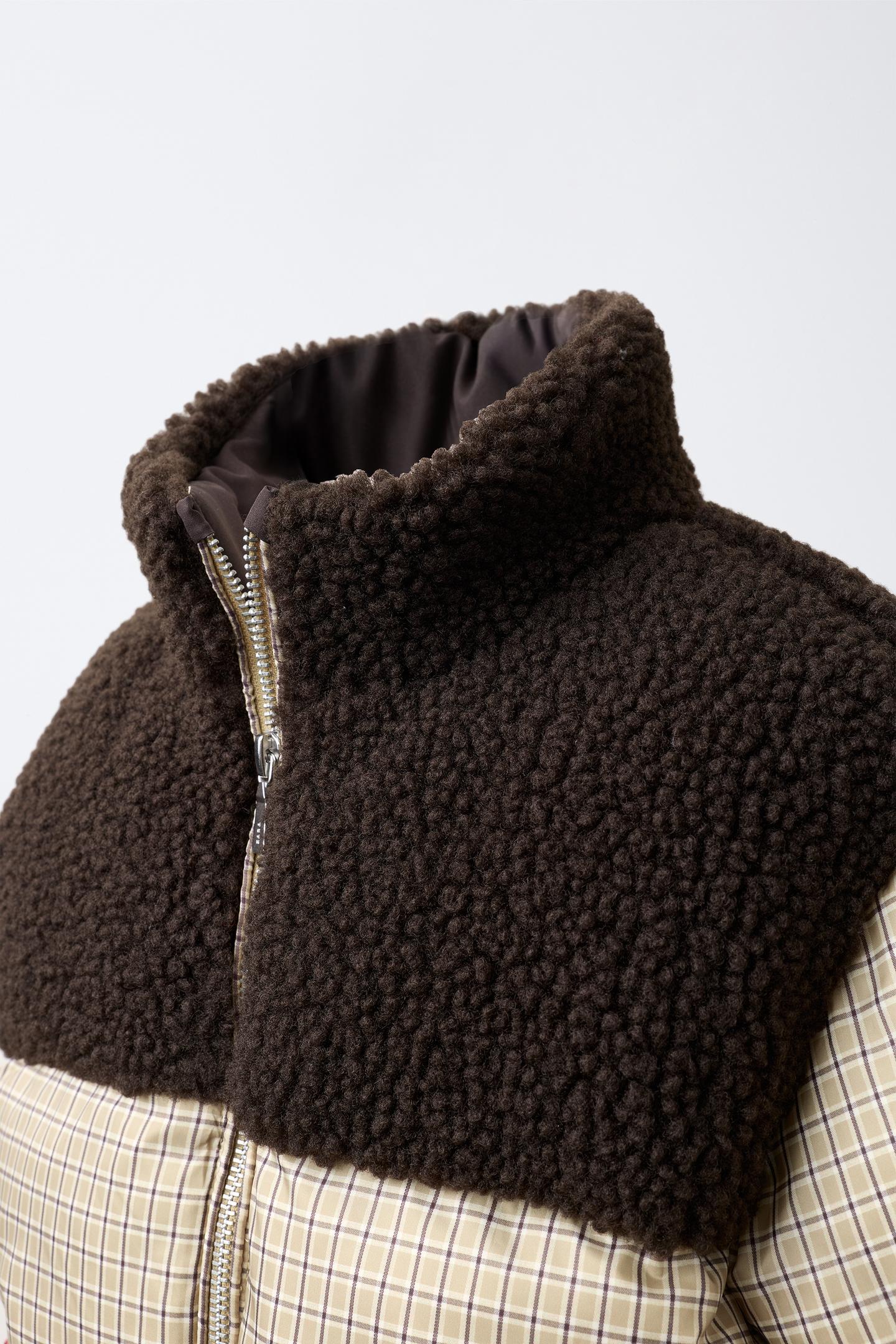 Детская куртка Zara Checked Faux Shearling Padded, цвет: Экрю / Коричневый — фото 3