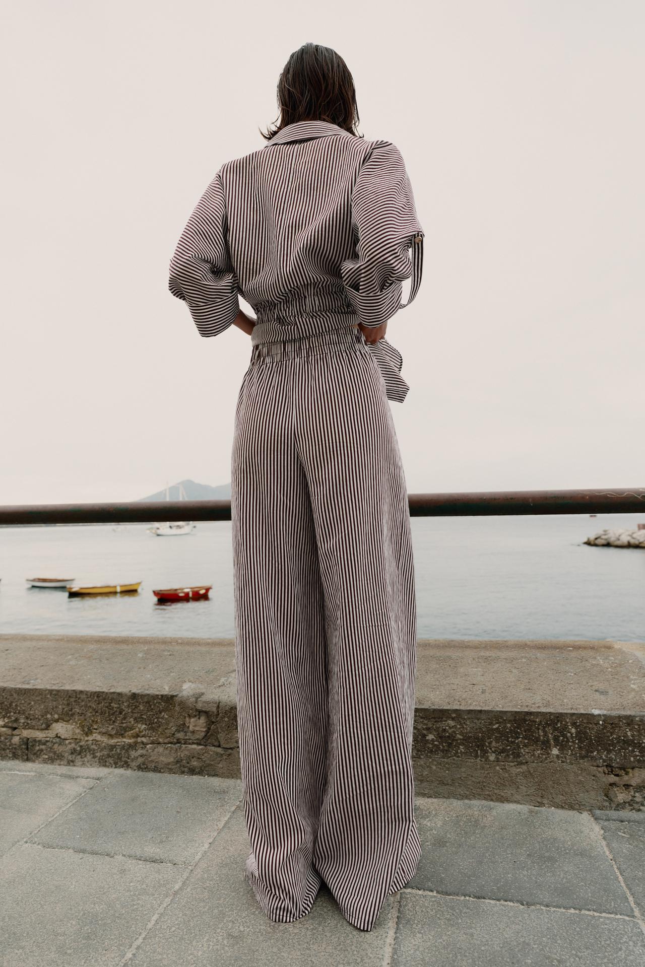 STRIPED WIDE LEG PANTS — Brown / White