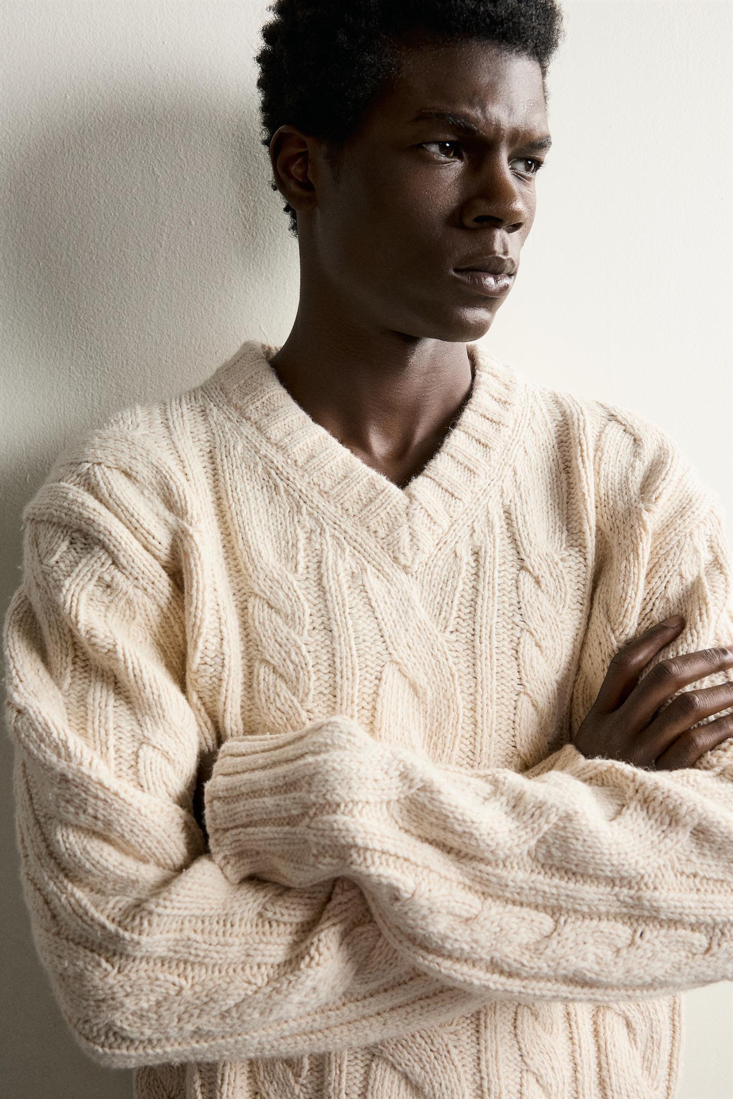 Мужской свитер Zara Cable Knit, цвет: Экрю — фото 5