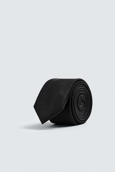 Zara NARROW 100% SILK TIE - Black - Image 0