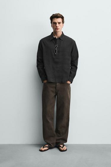 COTTON/LINEN POLO SHIRT - Black by Zara