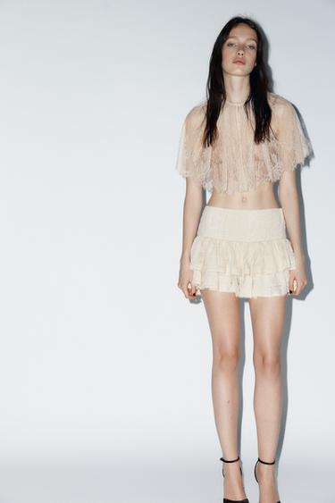 FALDA MINI ENCAJE VOLANTES - Crudo de Zara