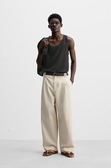 БРЮКИ BALLOON FIT ИЗ ХЛОПКА И ЛЬНА — СВЕТЛО-БЕЖЕВЫЙ от Zara — изображение 0