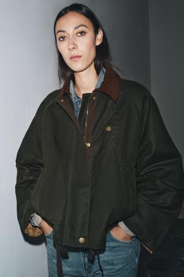 ZW COLLECTION CONTRAST COLLAR WAXED JACKET - Khaki by Zara