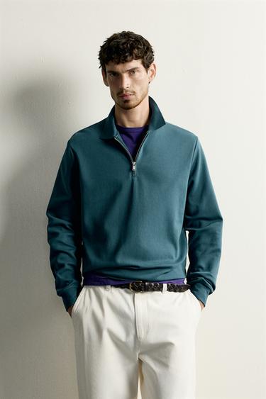 ZIP-UP INTERLOCK POLO SWEATSHIRT — Petrol blue 2