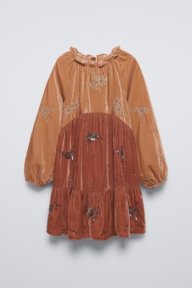 VESTIDO VELVET BORDADO ABALORIOS - Cobre de Zara