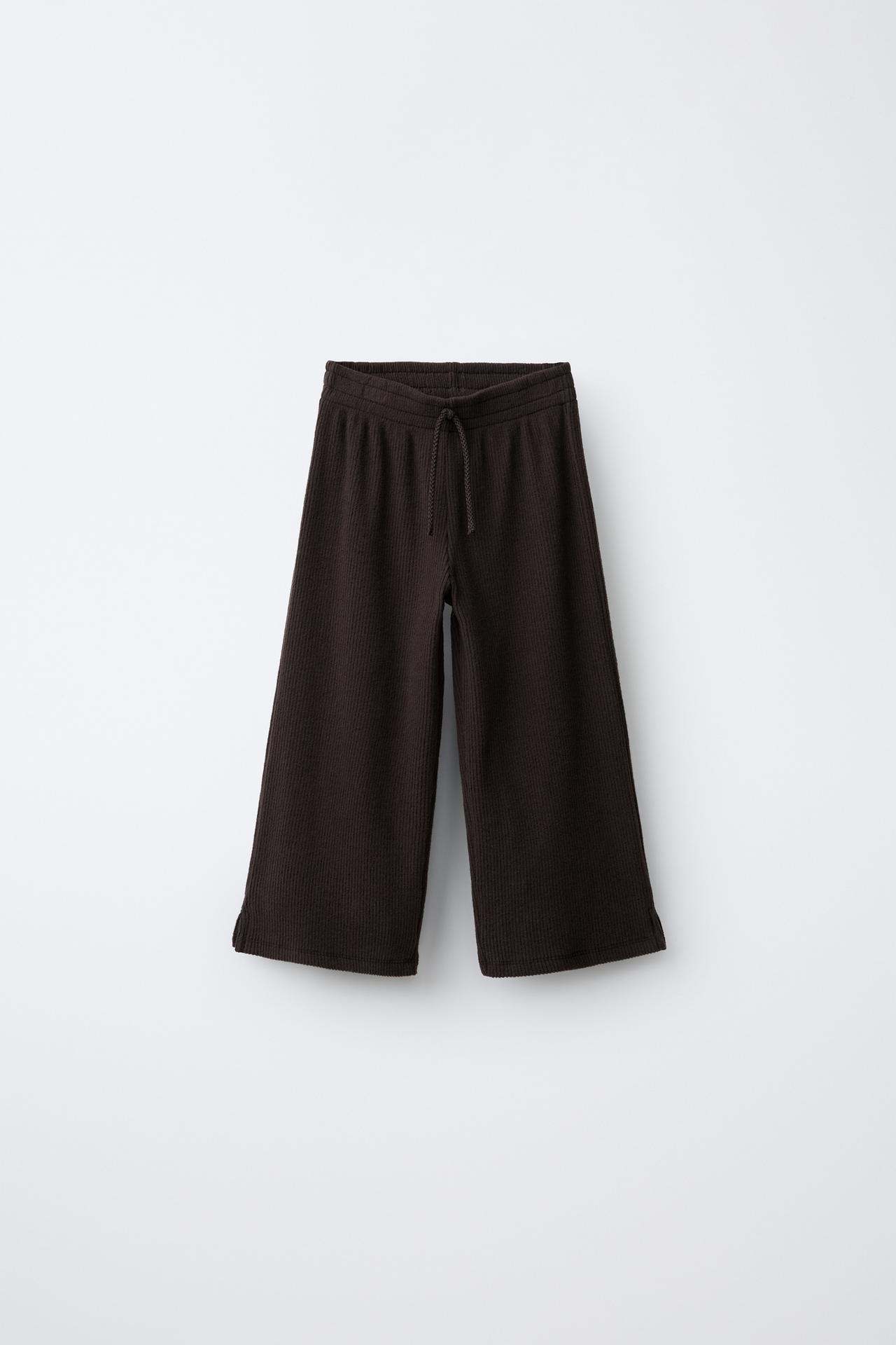 SOFT TOUCH RIBBED WIDE-LEG PANTS — Brown