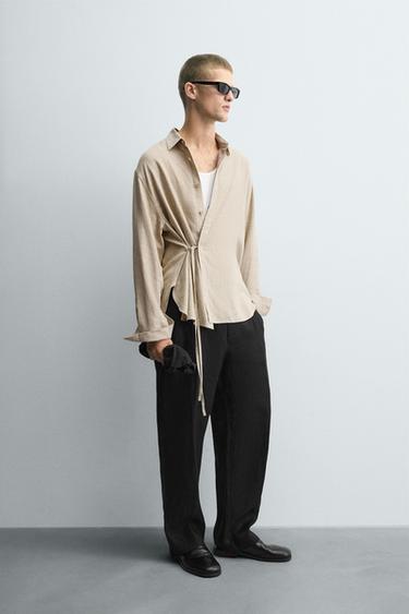 LINEN-VISCOSE TIE SHIRT - Sand by Zara - Image 3