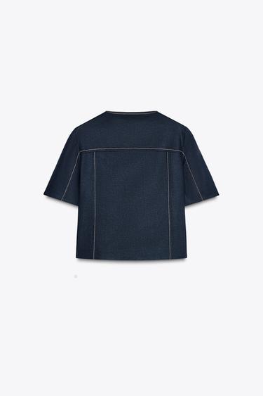 BLAZER MANCHES COURTES SURPIQÛRES AVEC LIN - Bleu marine de Zara - Image 4