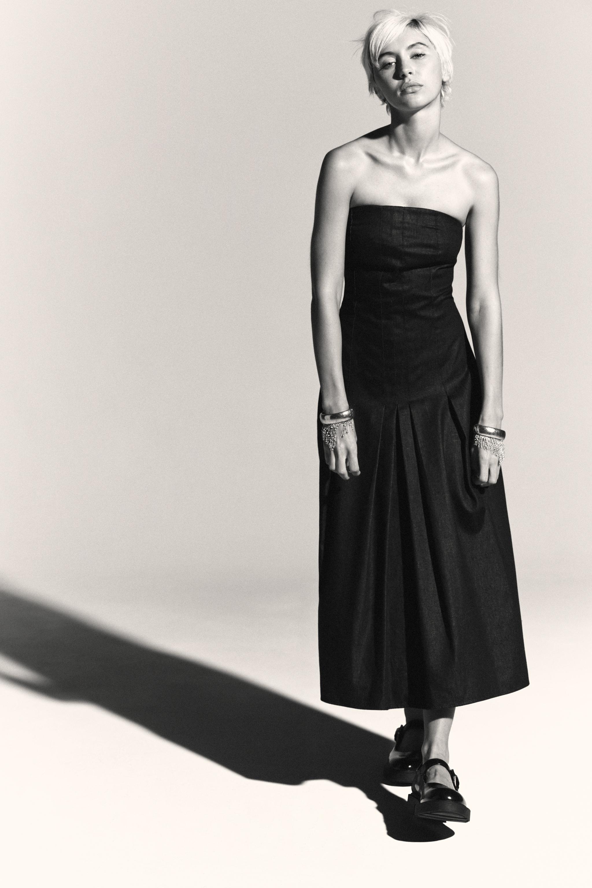 TRF DENIM MIDI DRESS WITH OFF-THE-SHOULDER NECKLINE