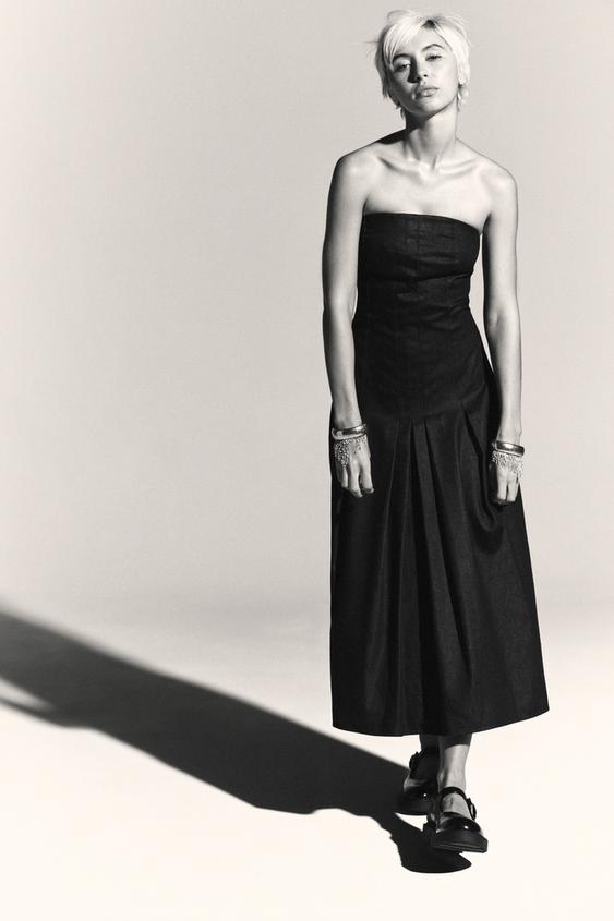 TRF DENIM MIDI DRESS WITH OFF-THE-SHOULDER NECKLINE