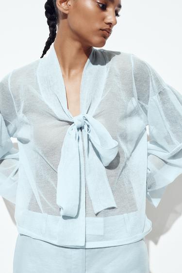 Zara PROZIRNA PLETENA BLUZA – plavo nebo