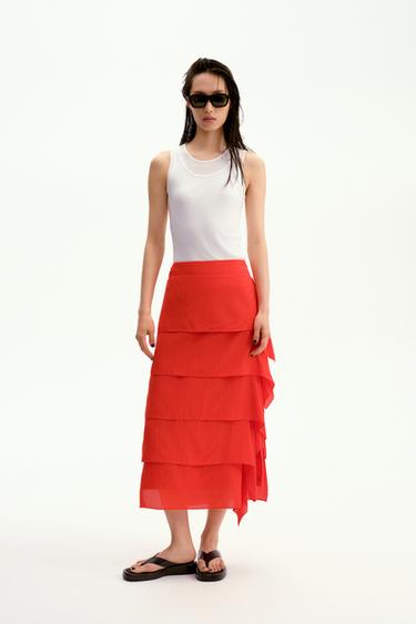 Zara ZARA WOMAN COLLECTION 荷葉邊半身裙 - 亮紅色