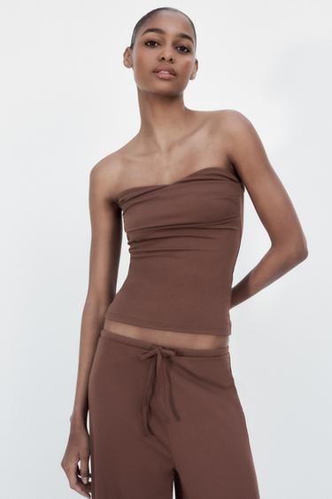 Zara 紋理平口上衣 - 棕色