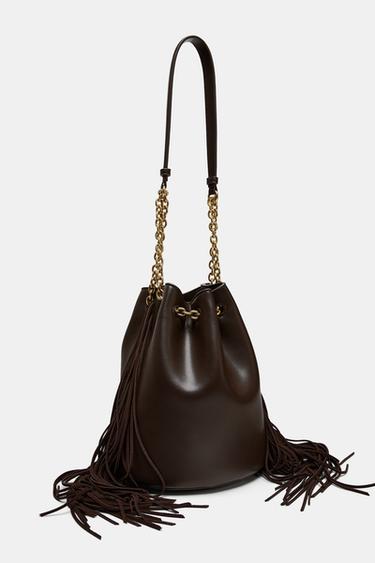 Zara FRINGED CYLINDRICAL BUCKET BAG - Brown