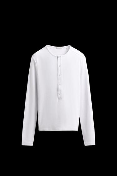 Zara RIBBED BUTTON-FRONT T-SHIRT - White