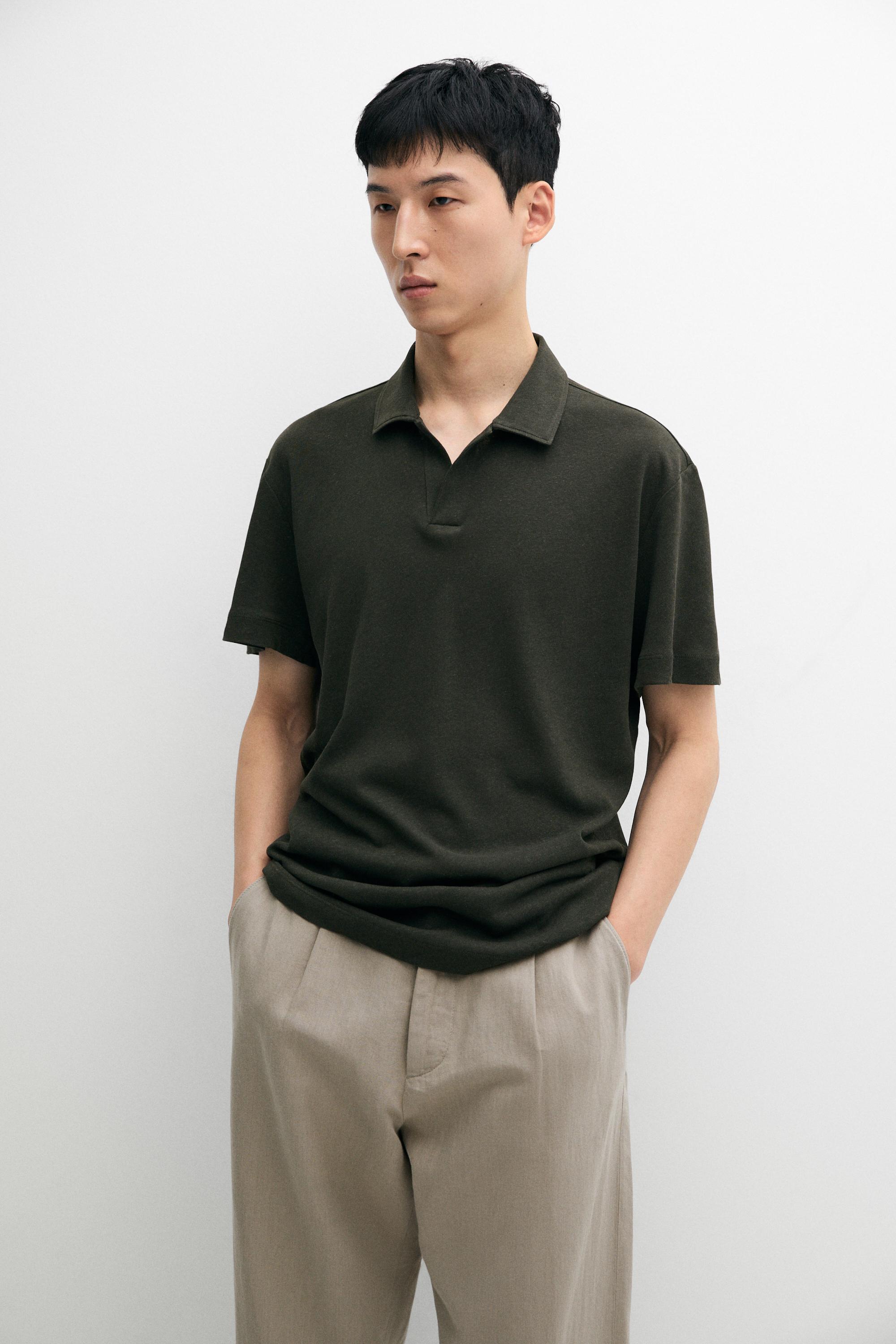 Short sleeve linen cotton polo shirt — Dark green