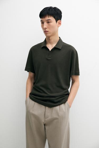 Zara Short sleeve linen cotton polo shirt - Dark green