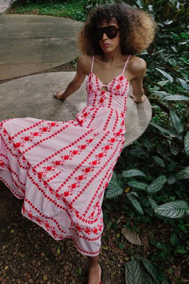 VESTIDO MIDI BORDADOS PERFORADOS - Rosa de Zara