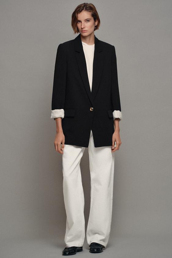 Zara BLAZER WITH SHOULDER PADS AND PRINTED CUFFS - Black - Image 0