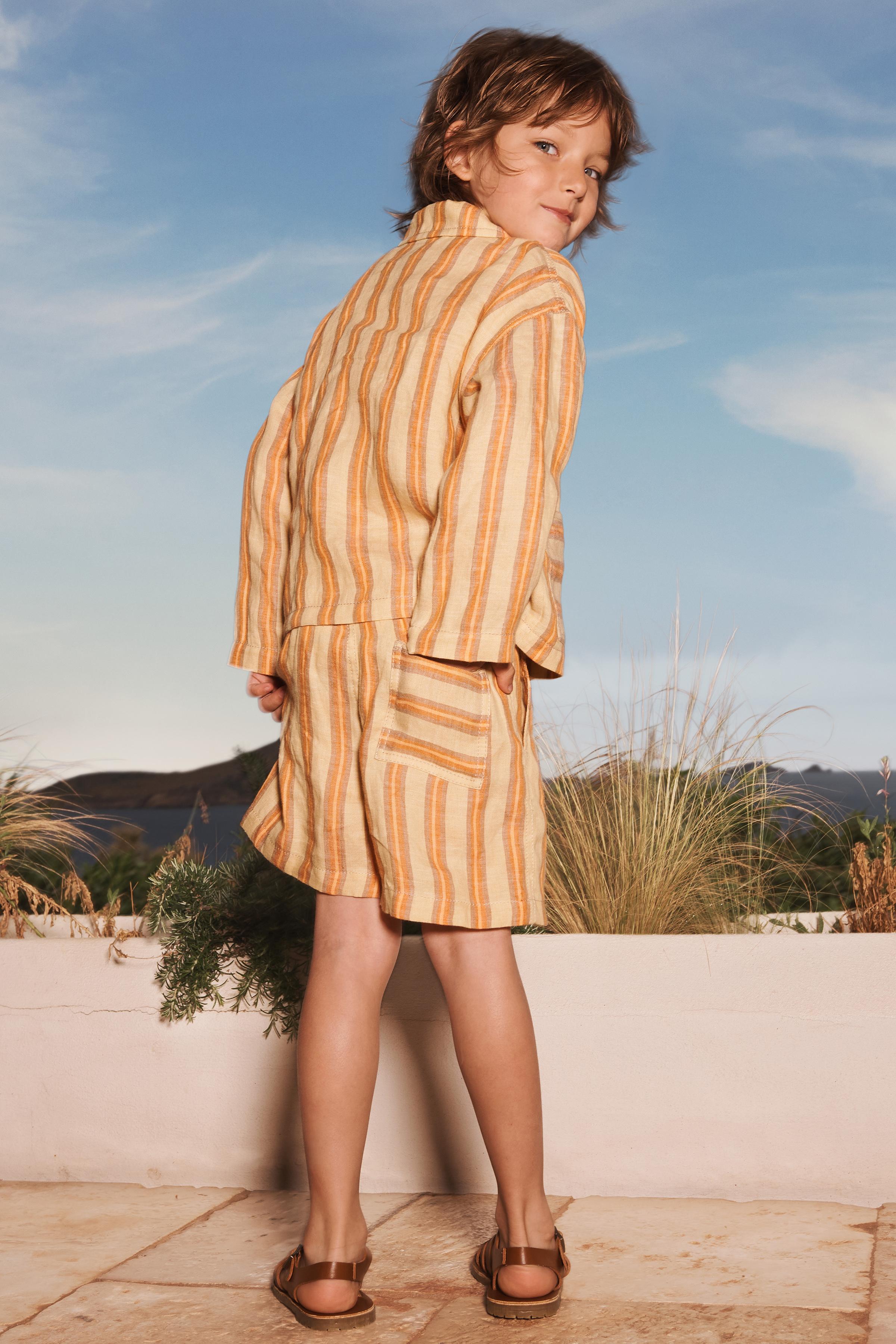 ストライプ柄100％リネンバミューダパンツ（限定版） - 089