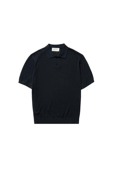 Zara KNIT SILK LINEN POLO SHIRT - Dark navy