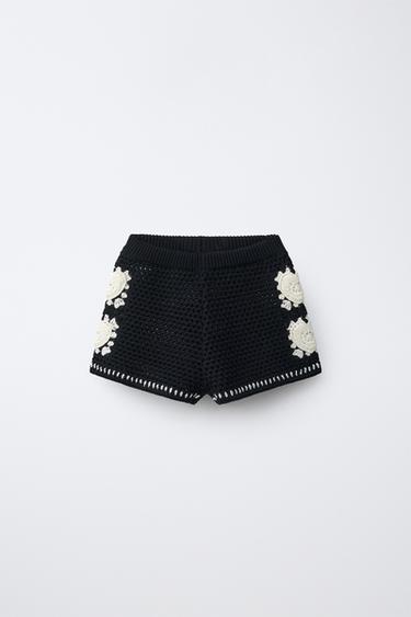 クロシェ編みハート柄ニットバミューダパンツブラック0Zaraのクロシェ編みハート柄ニットバミューダパンツ - ブラック - 画像 0