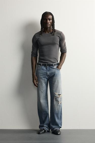 LOW-RISE RIPPED BOOT-CUT JEANS - Blue / Green by Zara - Image 0