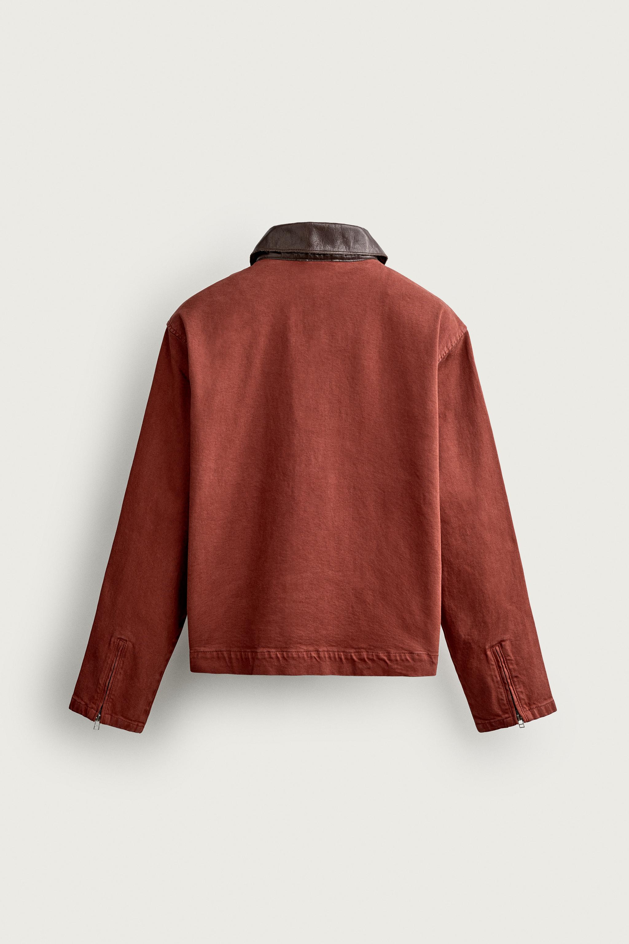 CROPPED FIT JACKET WITH CONTRAST COLLAR — Dark red