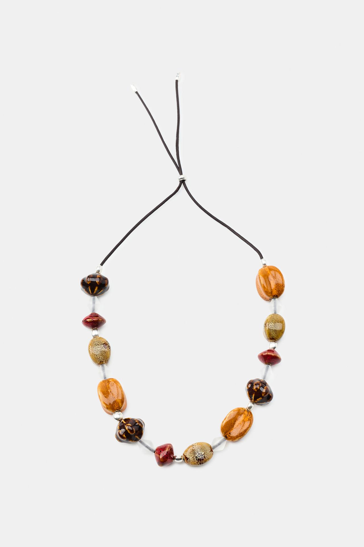 CERAMIC BEAD CORD NECKLACE — Brown