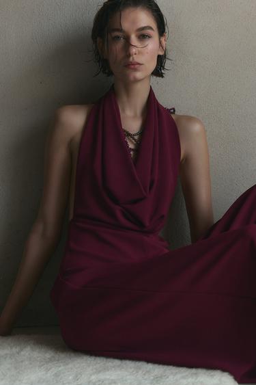 LONG HALTER NECK JUMPSUIT - Burgundy by Zara