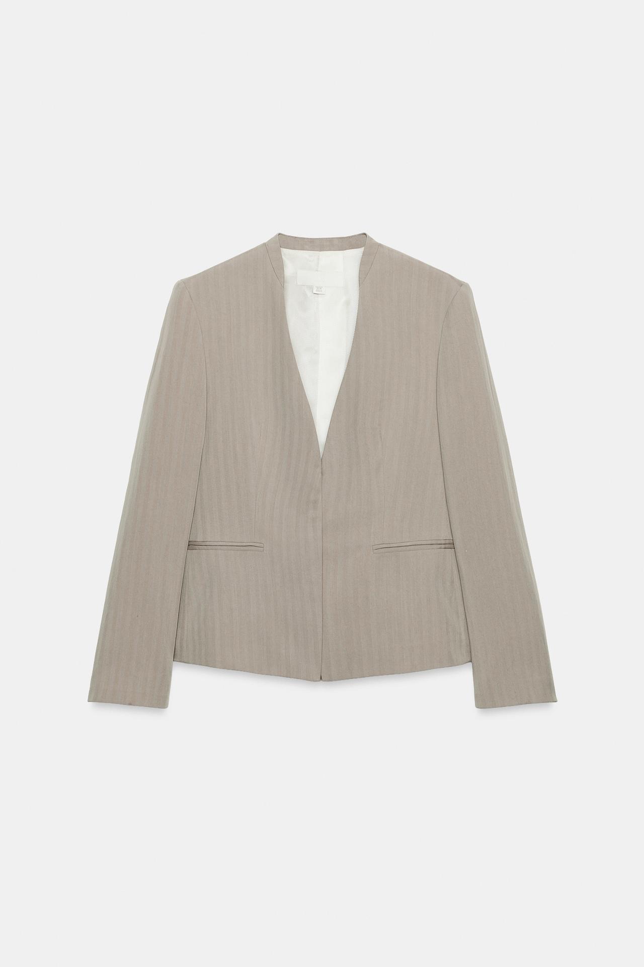 COLLARLESS FITTED BLAZER — Brown / Taupe