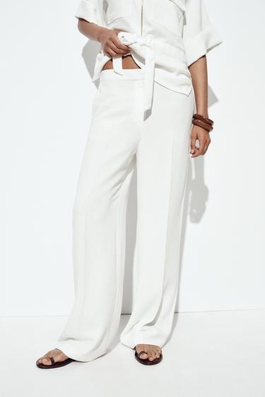 WIDE-LEG TROUSERS WITH ELASTIC WAIST - Oyster-white by Zara