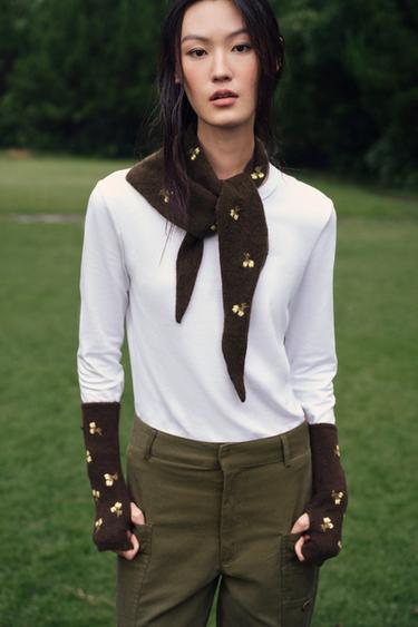 KNIT MITTENS WITH FLORAL EMBROIDERY - Brown by Zara