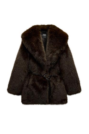 Dark brown faux fur coat with a black belt, visible "ZARA" tag inside the collar.