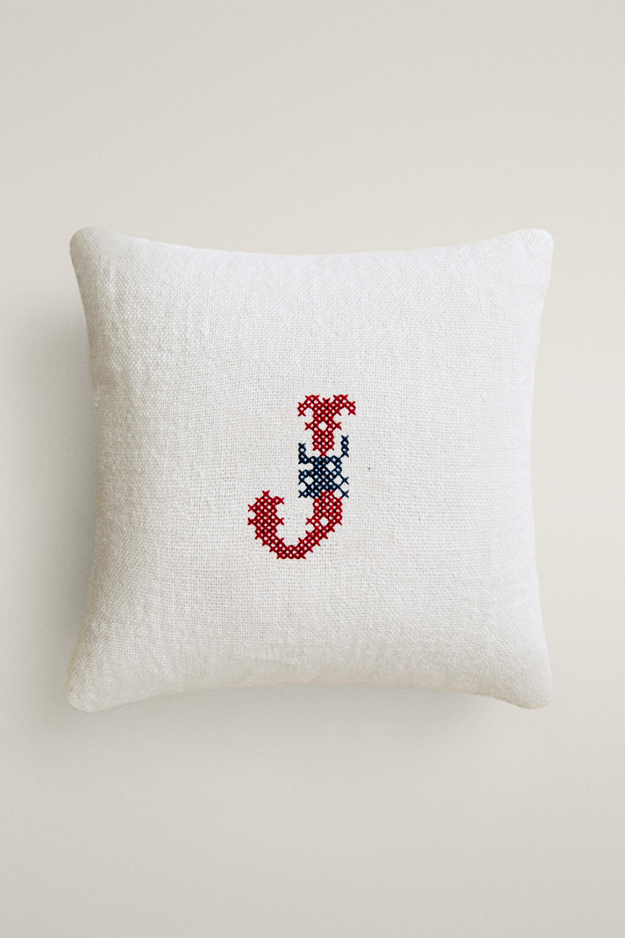 LINEN LETTER J EMBROIDERED CUSHION