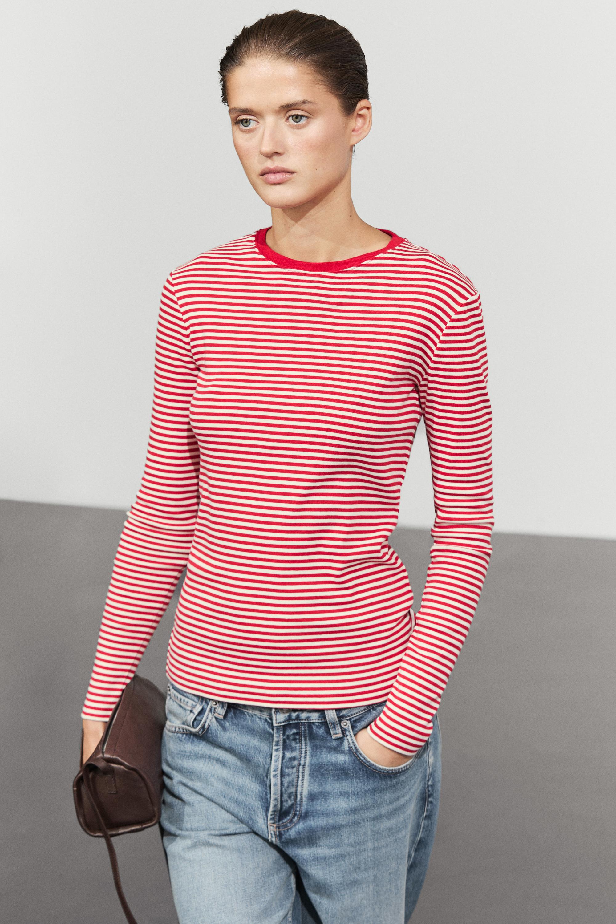 100% cotton long sleeve striped T-shirt — Red