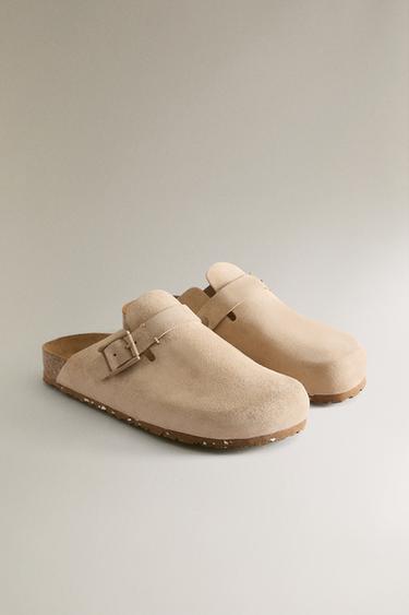 LEATHER CLOGS WITH BUCKLE AND TOPSTITCHING DETAIL - Sand Brown by Zara - Image 1