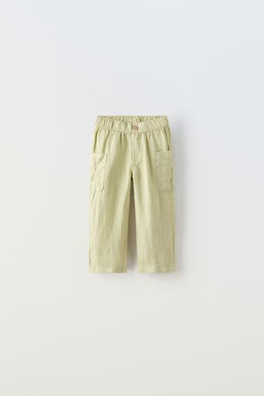 PANTALON EN LIN À POCHES - Vert de Zara