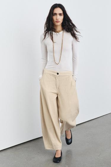 ZW COLLECTION BARREL CORDUROY TROUSERS - Ecru by Zara