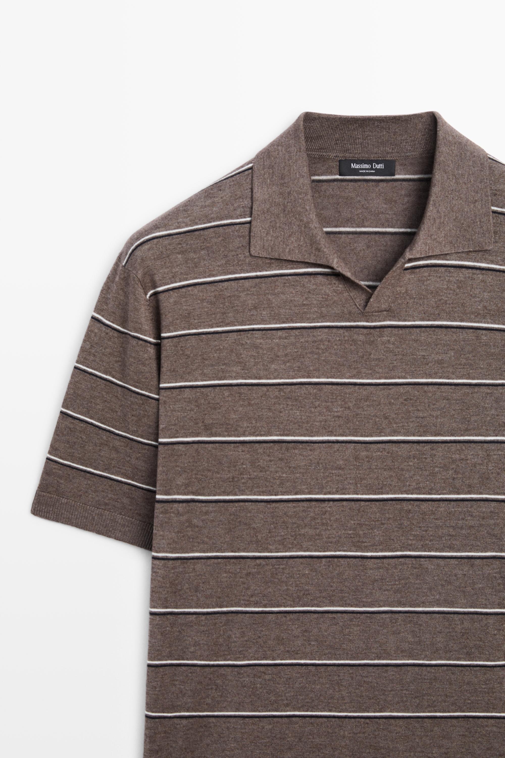 Striped knit V-neck polo shirt