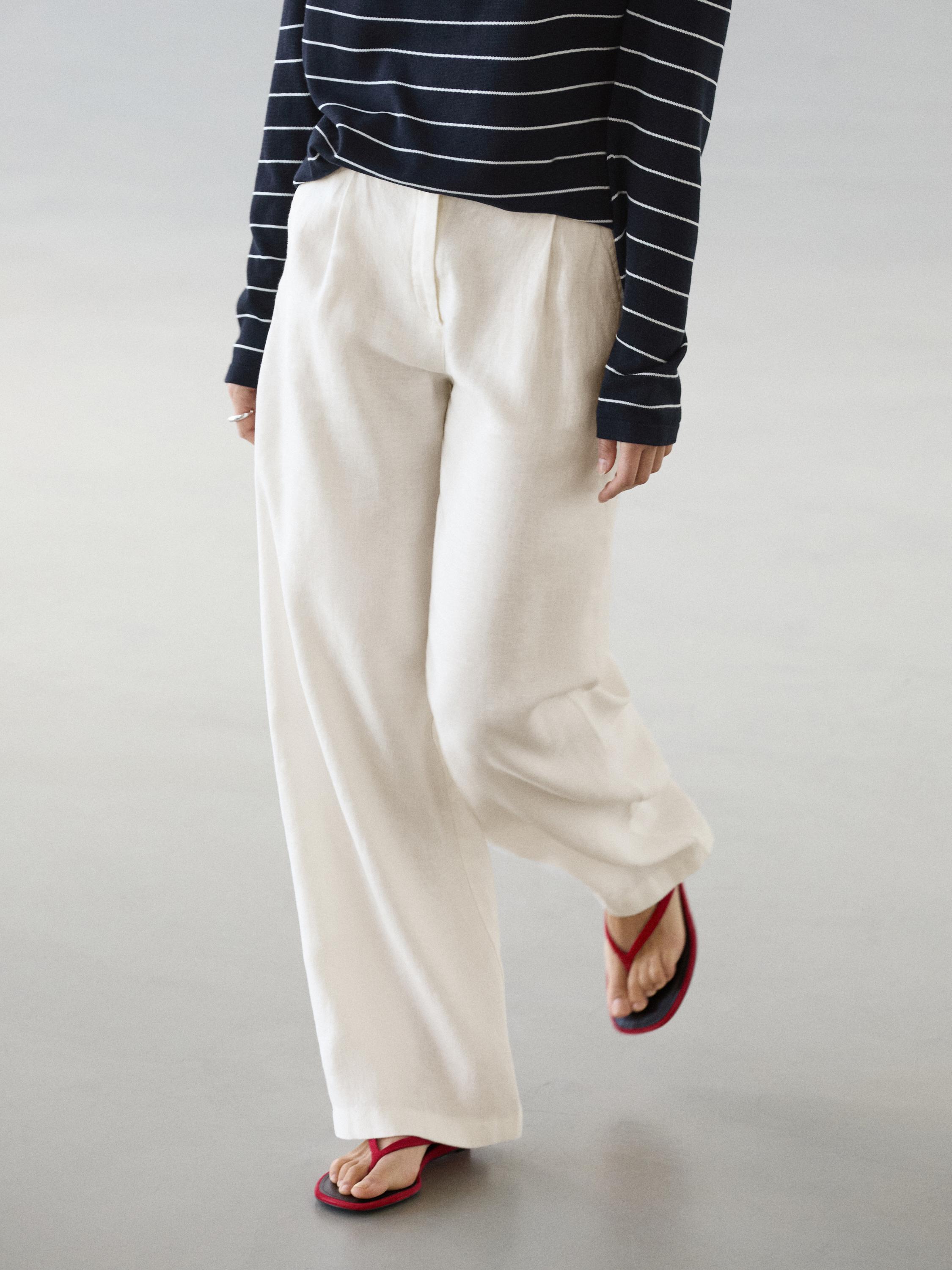 100% linen wide-leg elasticated trousers